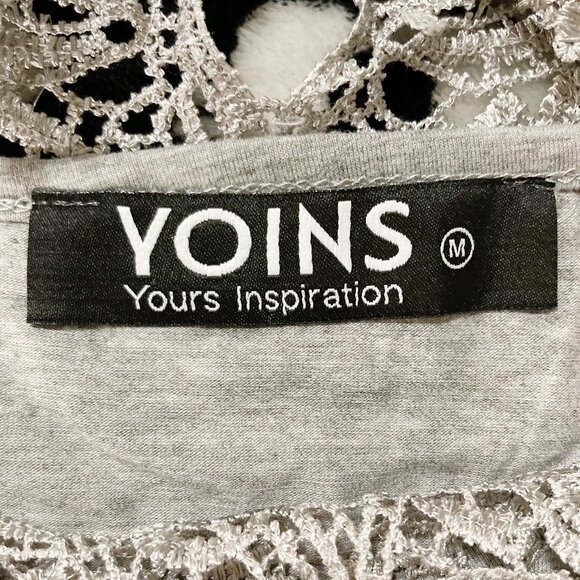 YOINS Heathered grey cold-shoulder lace top ~ SMALL MEDIUM peak-a-boo shirt - Picture 2 of 14